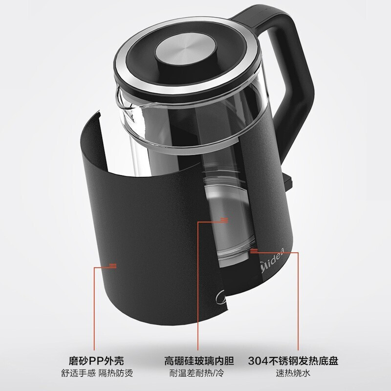 美的(Midea)烧水壶电热水壶家用玻璃开水壶自动断电304不锈钢电茶壶 MK-SH15D03