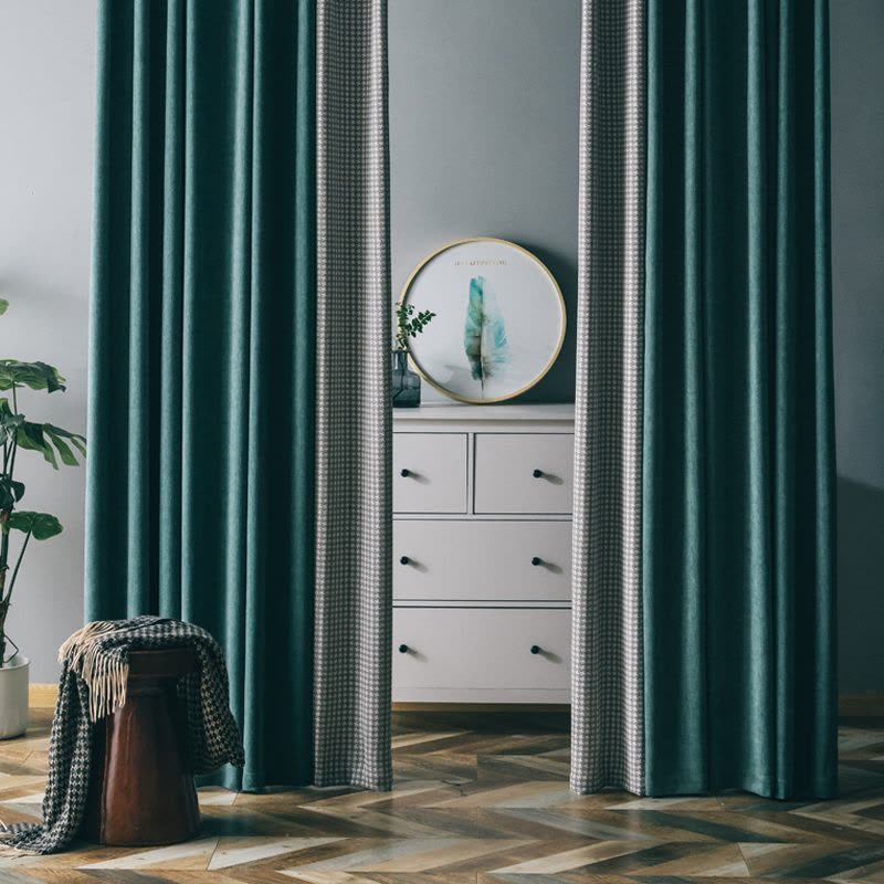 幸福派 遮光窗帘千鸟格北欧简约现代挂钩雪尼尔窗帘打孔窗帘飘窗客厅帘子遮阳布纯色拼色轻奢卧室挂钩窗帘图片