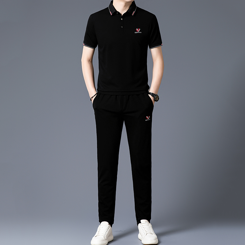 恒源祥高端桑蚕丝男士休闲运动套装男款短袖冰丝翻领搭配气质夏装 5092款黑色 165/M适合体重90-120斤