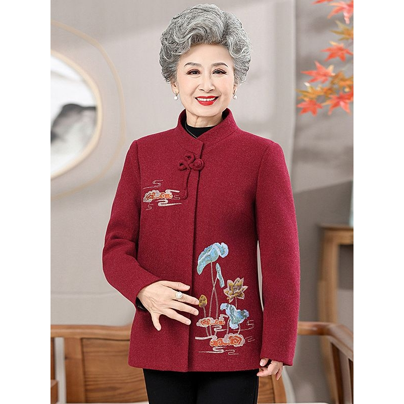 老年女装奶奶装外套气质复古妈妈装毛呢大衣加绒刺绣老婆婆衣服厚