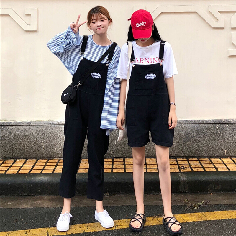 夏季女装韩版宽松显瘦工装背带连体裤休闲裤九分裤闺蜜阔腿裤短裤黑色长款均码