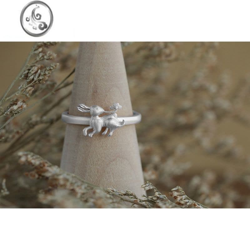 JiMi御宝司 兔衔灵芝纹戒指/耳钉 汉服文创银饰银镀金中秋指环耳饰图片