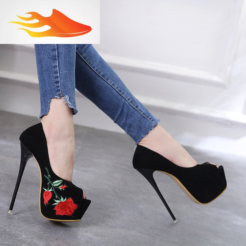 fishbasket黑色性感细跟恨天高夜店鱼嘴女鞋15cm超高跟防水台16cm女单