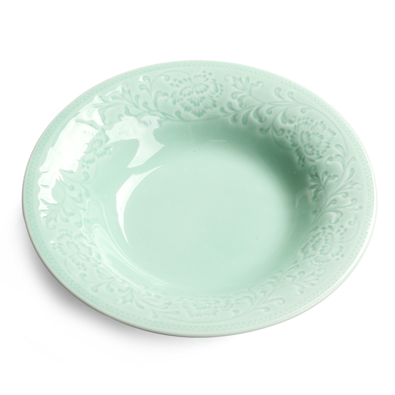 苏氏陶瓷 SUSHI CERAMICS 青瓷釉陶瓷盘花开富贵汤盘子4件套装餐具