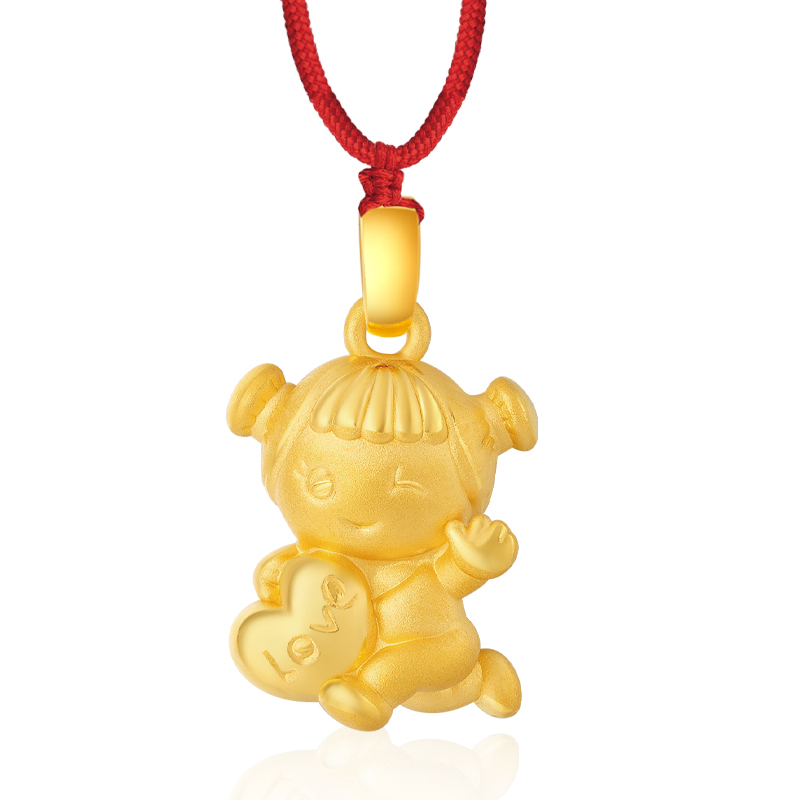 周贝贝珠宝快乐二丫黄金足金3d立体硬金女宝宝吊坠项链周岁礼生日礼物