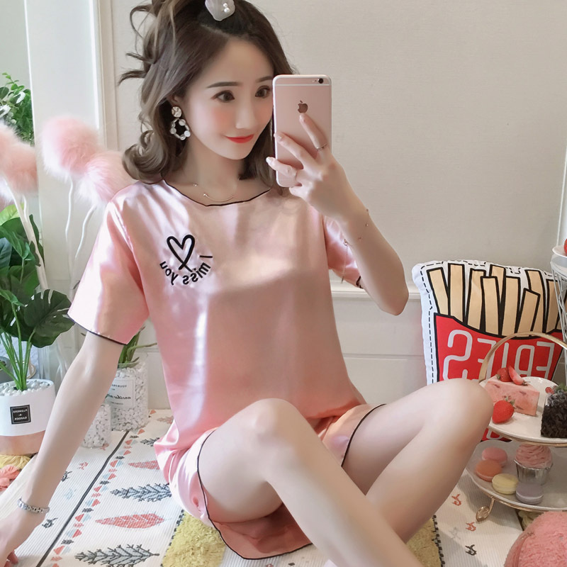 ins简约粉色睡衣女夏季丝绸薄款短袖冰丝韩版女家居服套装春秋款
