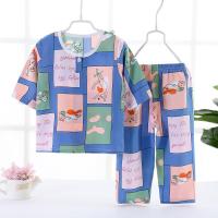 儿童棉绸睡衣套装夏季女童七分袖绵绸空调服童装中大童薄款家居服 七分-蓝块子 80