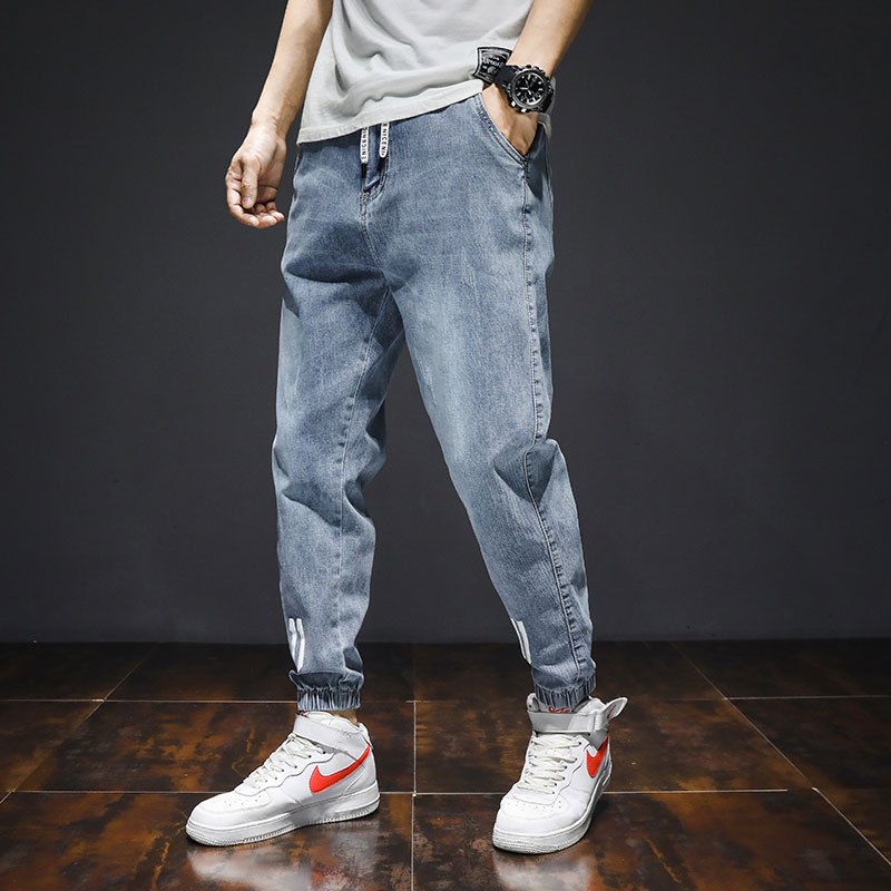 YUANSU牛仔裤男秋季2020哈伦束脚韩版潮流工装休闲潮牌浅色宽松九分裤子休闲裤