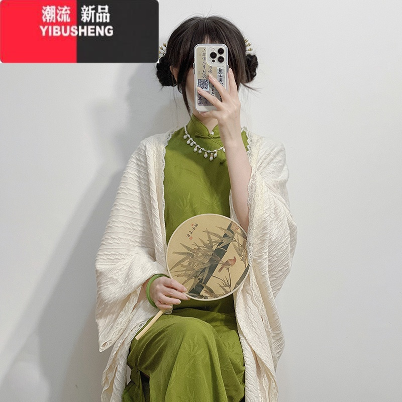 yibusheng新款旗袍开衫复古民国风甜美百搭针织麻花披肩外套斗篷女