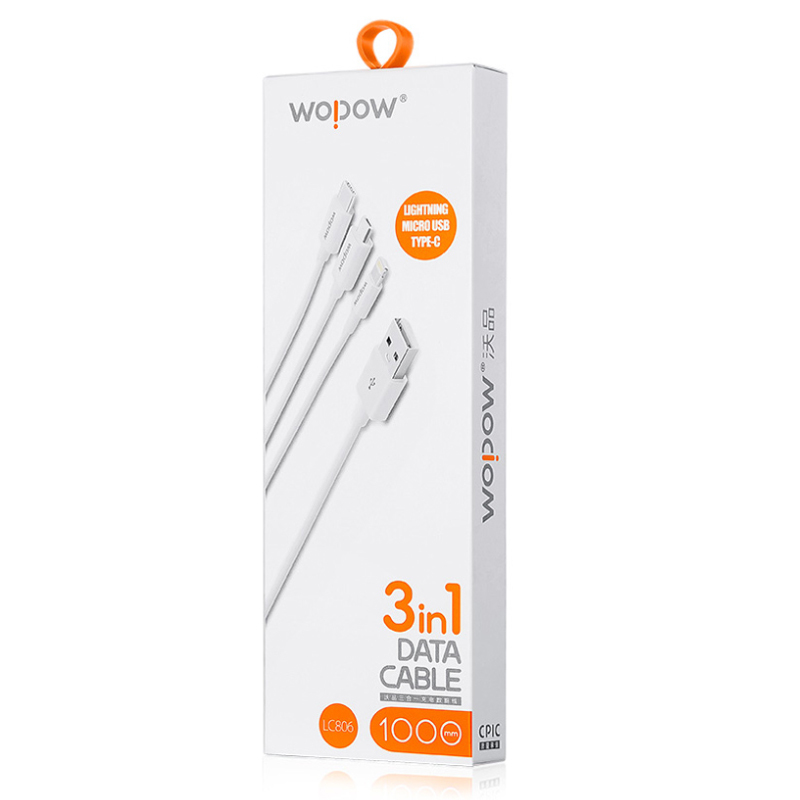 沃品(wopow)·LC806 1米iphone+Micro+Type-C三合一数据线-白色