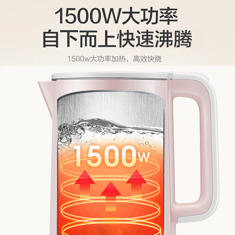 苏泊尔(SUPOR)电热水壶家用烧水壶不锈钢内胆 双层防烫电水壶 商场同款1.5L大容量SW-15S02A