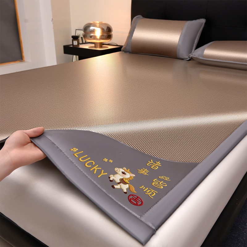 缎暮 冰丝藤席刺绣凉席 200*220CM 条高清大图