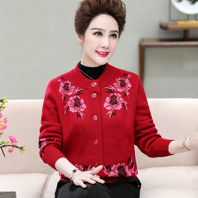品牌送礼妈妈装羊绒衫女中老年奶奶宽松加大码毛衣本命年老太太开衫女羊绒开衫女印花毛衣女中老年人保暖羊毛衫加绒外套 645枣红 2XL