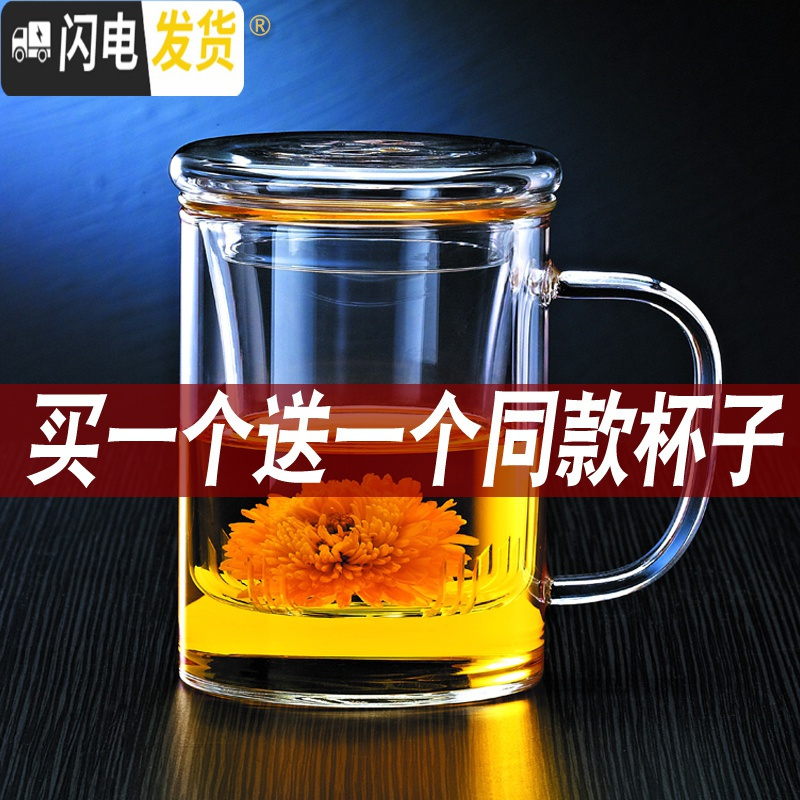 三维工匠玻璃茶杯带盖办公室泡茶杯水杯耐热喝水杯子男女士带过滤