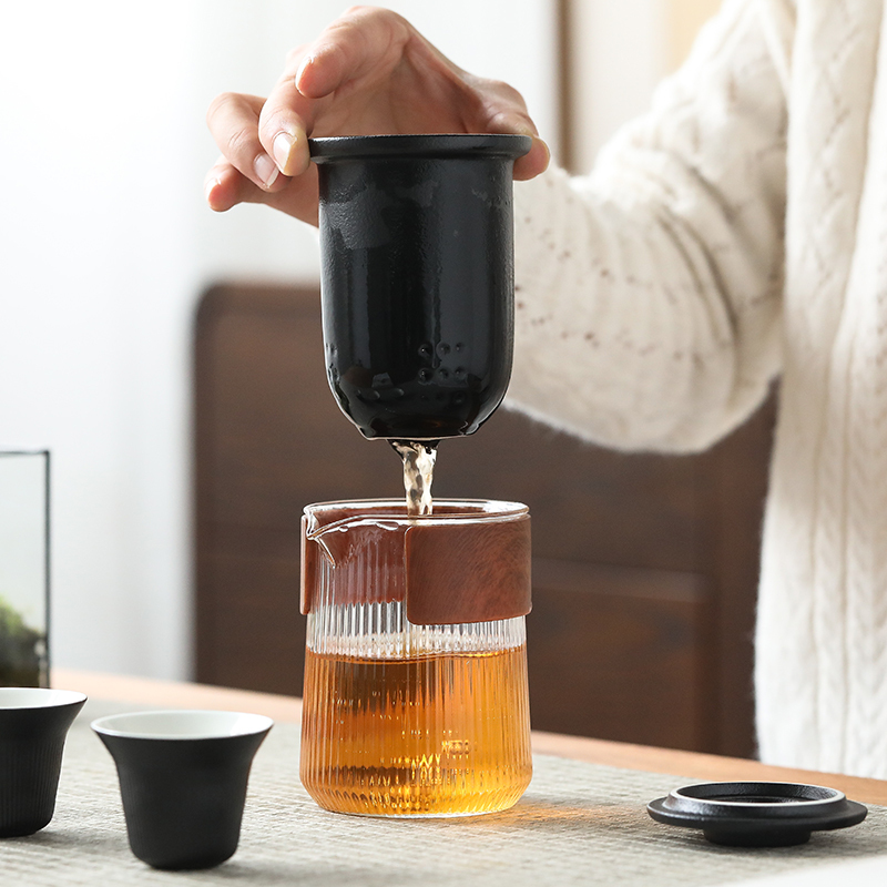 苏氏陶瓷(SUSHI CERAMICS)旅行茶具套装 经纬禅黑便捷功夫茶具 快客杯玻璃公杯陶瓷茶杯带便携包高清大图