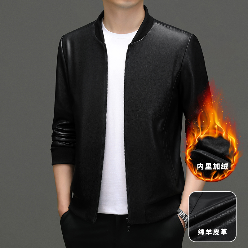 100纯羊皮头层真皮皮衣男加绒加厚皮夹克绵羊皮机车海宁头层春秋季外套男士真皮头层皮纯皮外套中年皮夹克男高清大图