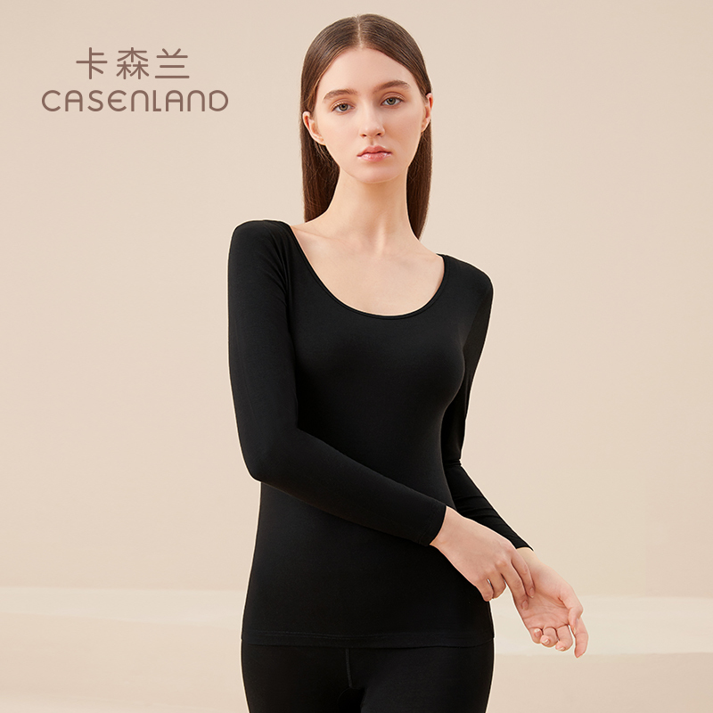黑色上衣 XL 卡森兰女士薄款保暖内衣圆领秋冬蓄热纤维修身打底秋衣秋裤女套装
