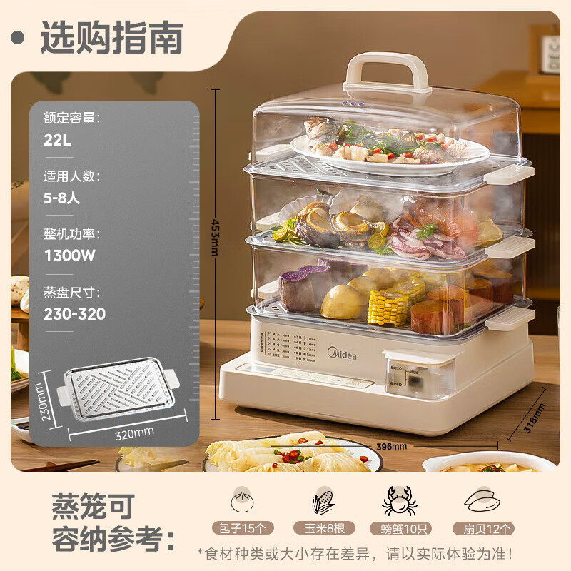 美的(Midea)电蒸锅多功能家用22升三层大容量外置加水蒸锅透明视窗不锈钢蒸片多用途蒸包子电煮锅MZ-ZGC32230高清大图