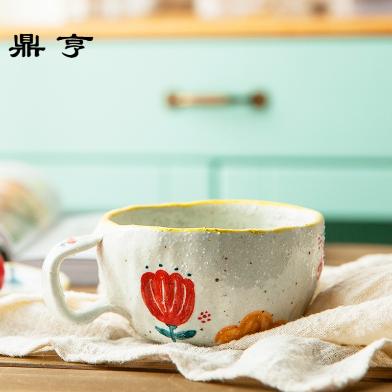 鼎亨设计师手作 纯手捏陶瓷杯手工 咖啡杯带碟带勺复古手绘花杯碟报价