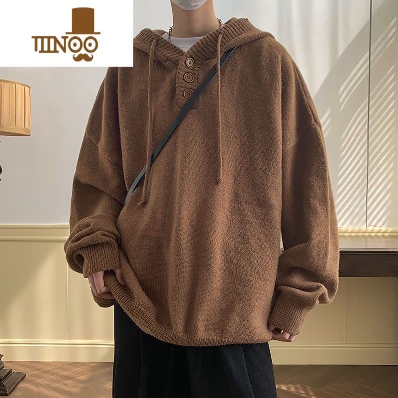 YANXU连帽毛衣男日系复古慵懒外套oversize戴帽子针织衫卫衣图片