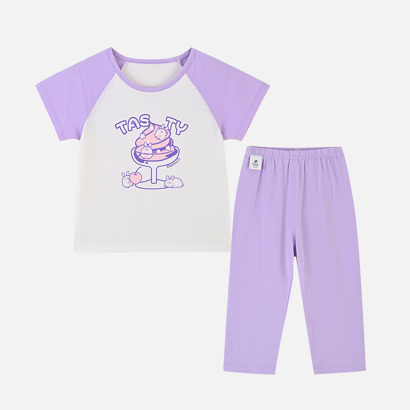 铅笔俱乐部2025夏装新品女小童家居服儿童居家两件宝宝短袖七分裤 90cm 粉紫