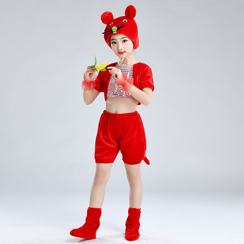 儿童老鼠过年表演服新款小老鼠吃辣椒演出服猫鼠之夜动物装扮服 红色
