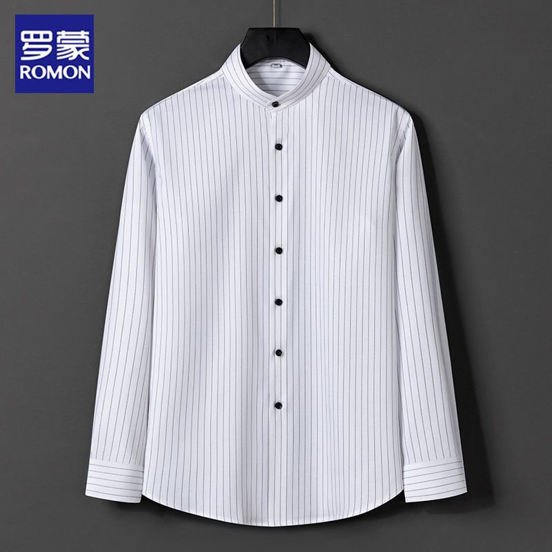 罗蒙男士商务立领衬衫轻奢免烫条纹圆领衬衣男休闲外穿复古白衬衫