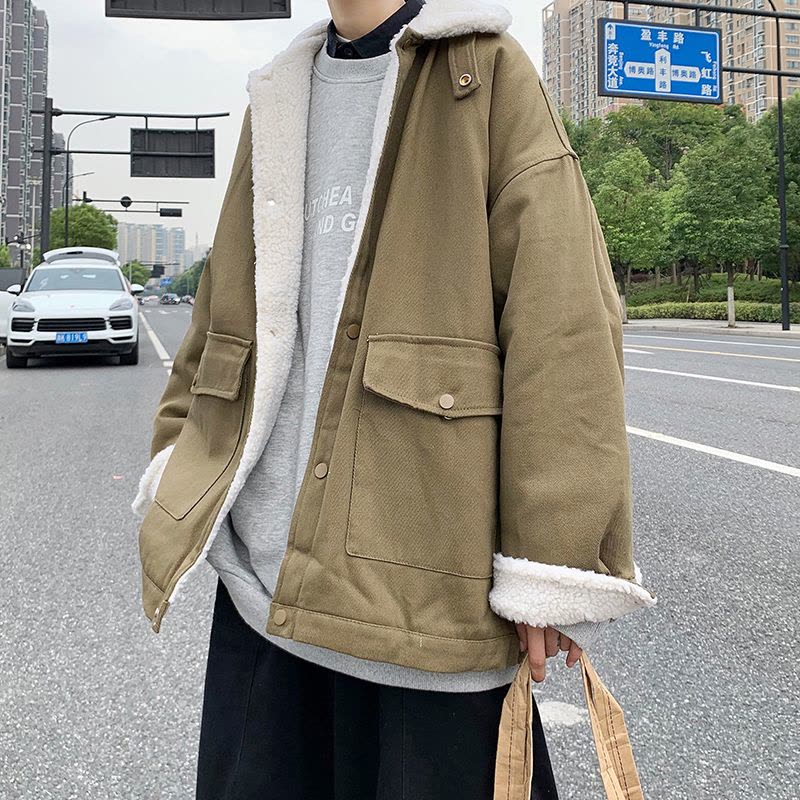 BaLuoShang2020冬季新款羔毛外套男加绒加厚韩版潮流帅气宽松摇粒绒棉衣潮风衣图片