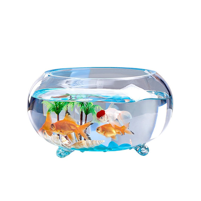20带脚园盆彩石6件套办公室小型金鱼缸加厚透明玻璃