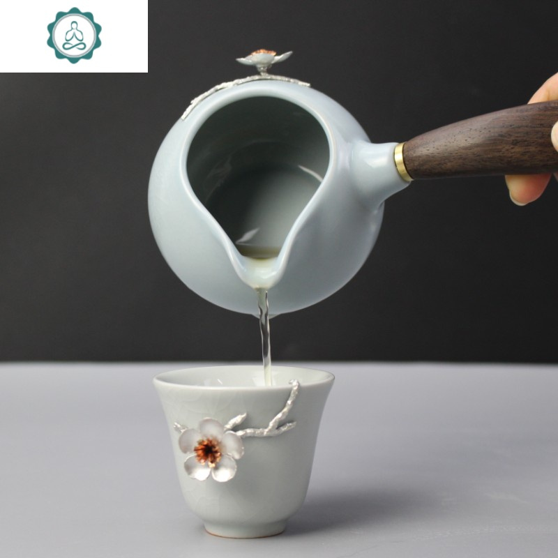 汝窑镶锡侧把公道杯汝瓷开片木柄分茶器大号陶瓷茶海功夫茶具配件 封后 汝窑侧把花梨木镶锡蝴蝶吊坠公道杯