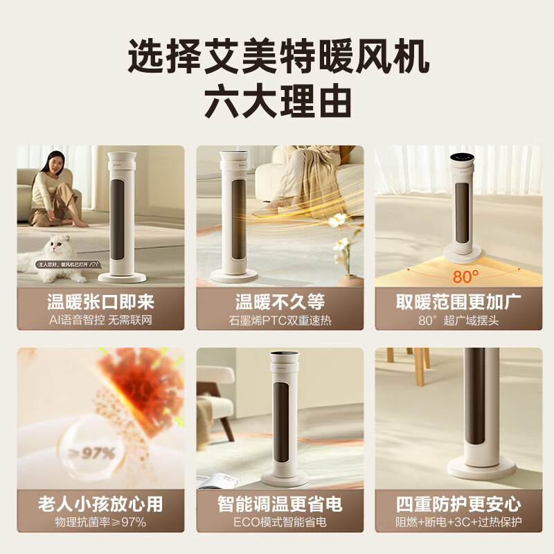 艾美特(AIRMATE)石墨烯暖风机2100W 家用立式取暖器电暖器广角摇头轻音节能热风机 HP21-SR96语音+遥控高清大图