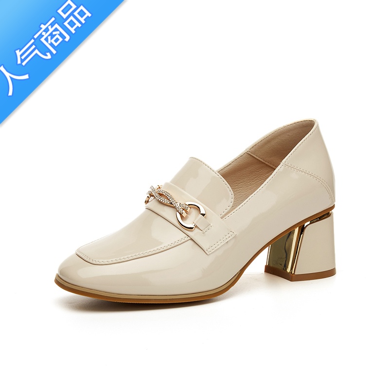 SUNTEK白色乐福鞋女鞋粗跟夏季2023年新款女士春款单鞋高跟鞋漆皮小皮鞋高清大图