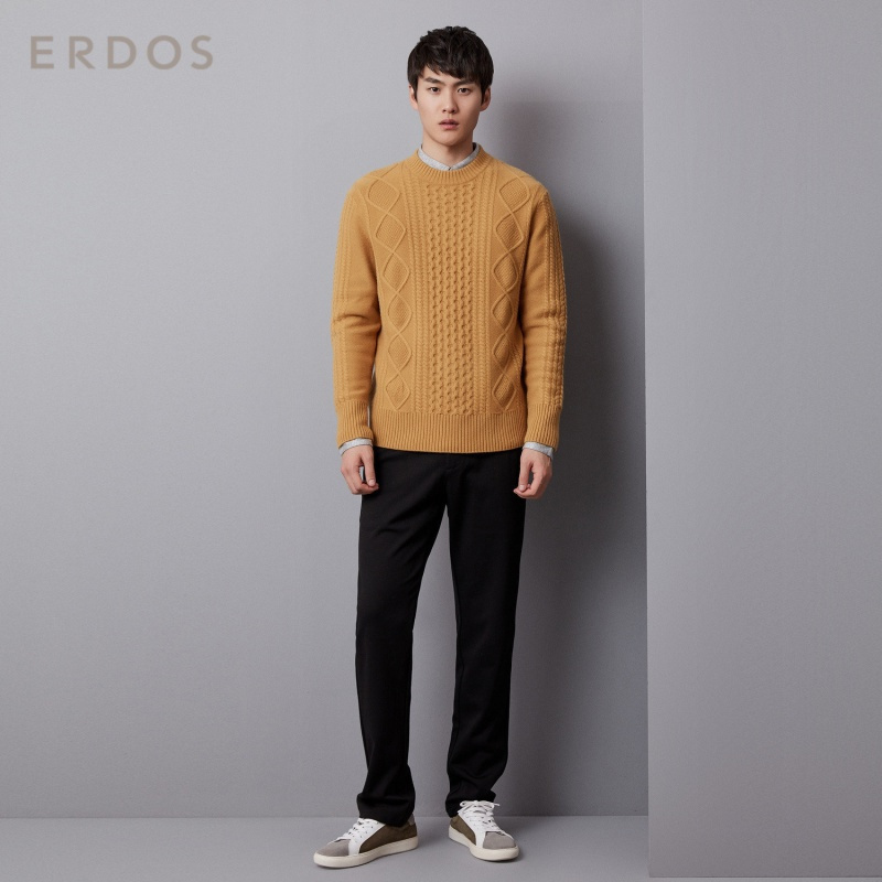 ERDOS 圆领绞花设计男士羊绒衫休闲百搭针织衫温暖舒适