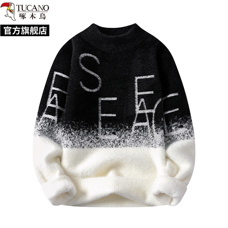 啄木鸟春秋冬季新款半高领套头渐变毛衣男一体加绒线衣针织衫外半高清大图