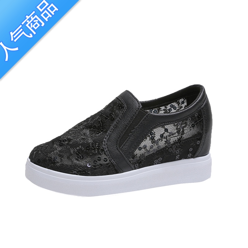 SUNTEK2020新款内增高小白鞋女夏季透气网纱坡跟单鞋网面懒人一脚蹬女鞋高清大图