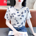 YIBUSHENG白色t恤女装装2024新款上衣简约设计感印花短袖体4短恤色 L建议110-125斤 597蓝叶