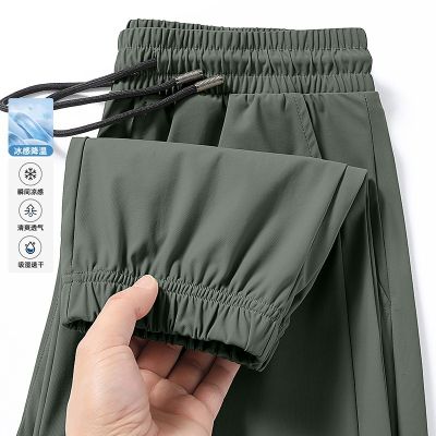 男士夏季冰丝裤子薄款宽松直筒垂坠感西裤松紧腰速干运动休闲长裤 XL 束脚绿色