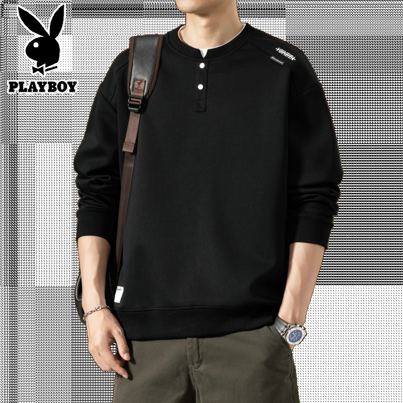 花花公子新款秋冬高克休闲加绒圆领卫衣男长袖T恤打底衫高清大图
