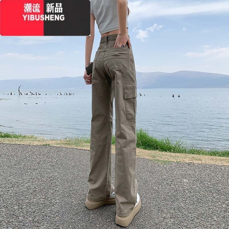 YIBUSHENG美式复古卡其色直筒工装牛仔裤女高街vibe高腰宽松百搭休闲阔腿裤高清大图
