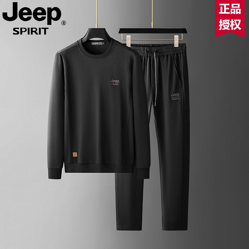 JEEP吉普男士新款套装男款秋季长袖保暖透气商务潮 黑色 4XL