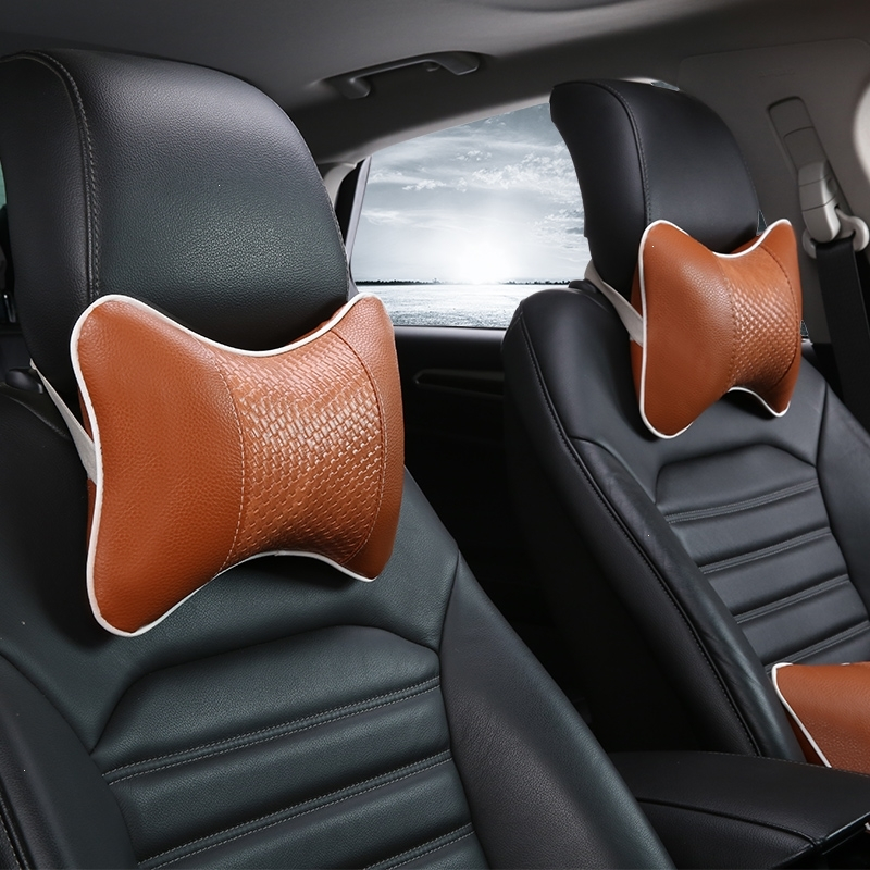 菲亚特菲翔菲跃观致35别克昂科威四季汽车头枕护颈枕皮 仿竹编米色四