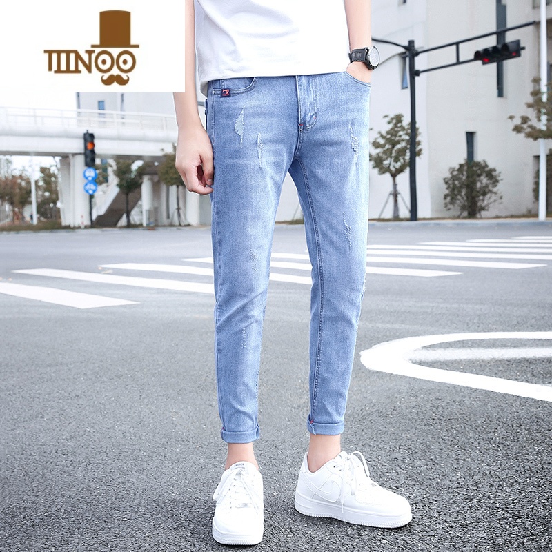 YANXU夏季九分牛仔裤男士韩版修身小脚裤潮牌款男款夏天破洞男裤子高清大图