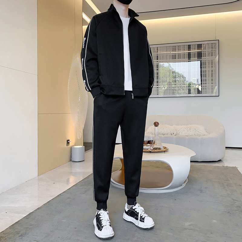 啄木鸟高端运动套装男士新款春秋开衫卫衣外套休闲裤搭配一套男装 520黑色套装 4XL