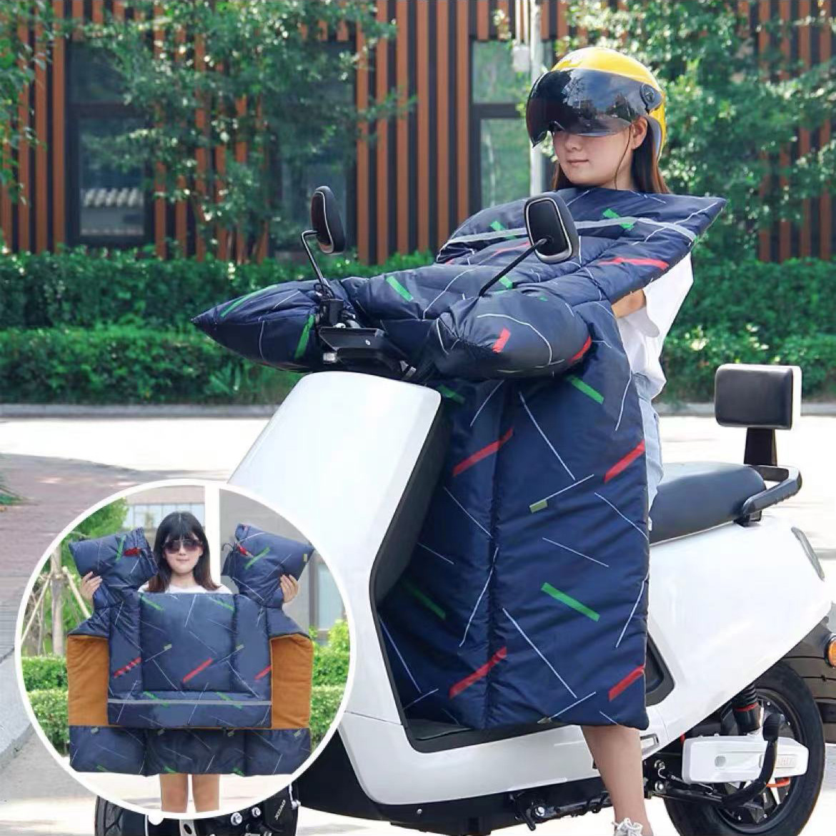 电动车挡风被冬季保暖春秋四季通用遮阳防水防风防寒挡风罩加绒加厚电车电瓶车自行车三轮车摩托车踏板防风罩分体款连体款立领护肩 【加绒加厚连体款】长短线