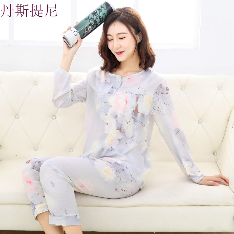 棉绸睡衣女士夏季长袖套装薄款两件套纯绵绸套头人造棉空家居服
