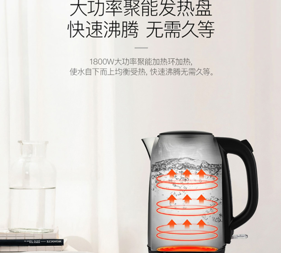 EHA1319A 电热水壶304不锈钢内胆快速沸腾防干烧 1.7L高清大图