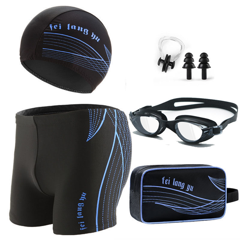 泳裤男成人平角温泉大码游泳裤装备泳帽泳镜男士泳衣游泳套装 宝蓝色五件套（平光泳镜） XXXXL（180-210斤）