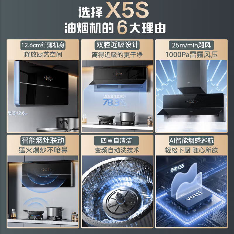 华帝(vatti)烟灶套餐超薄抽油烟机X5 pro降噪变频双腔近吸25风量侧吸式X5S+309L烟灶联动套装(天然气)