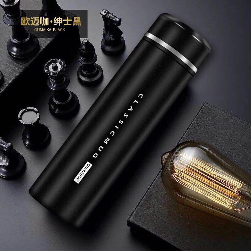 不可测温-绅士黑+杯套 500毫升[22.4*6.5cm] [欧迈咖]智能316不锈钢保温杯男女学生韩版便携车载保暖水杯