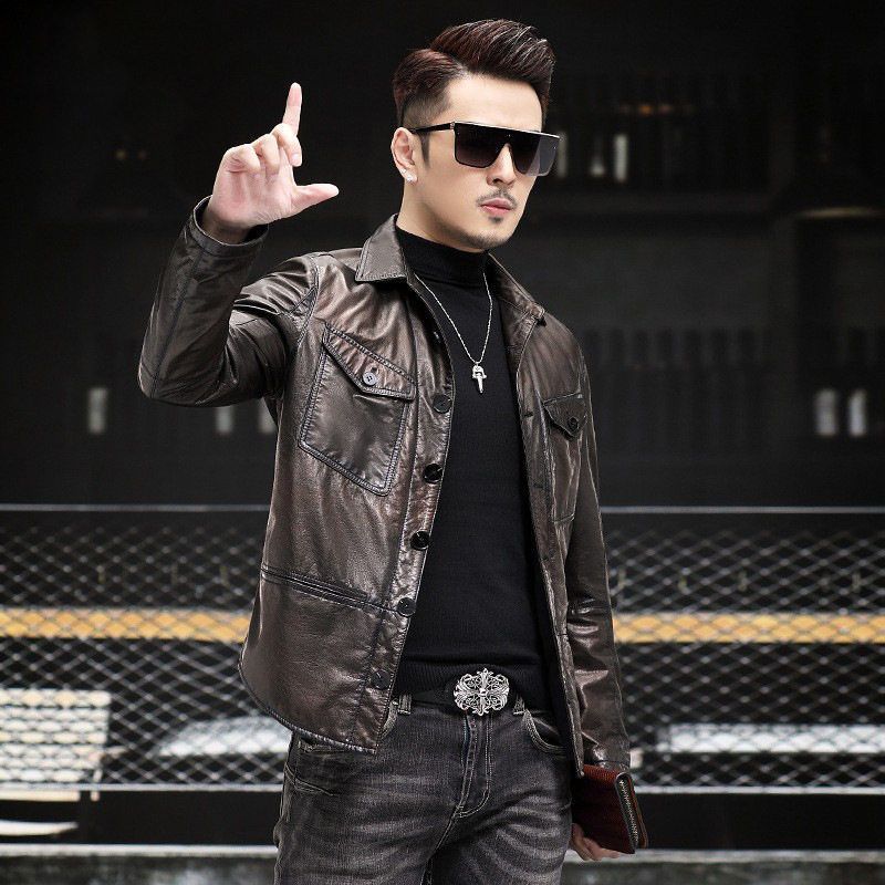 春秋季真皮衣男头层绵羊油蜡皮春秋季翻领机领多口袋复古休闲外套